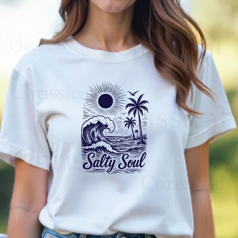 May include: White t-shirt with a blue graphic of a sun, palm trees, and a wave. The text "Salty Soul" is printed below the graphic.