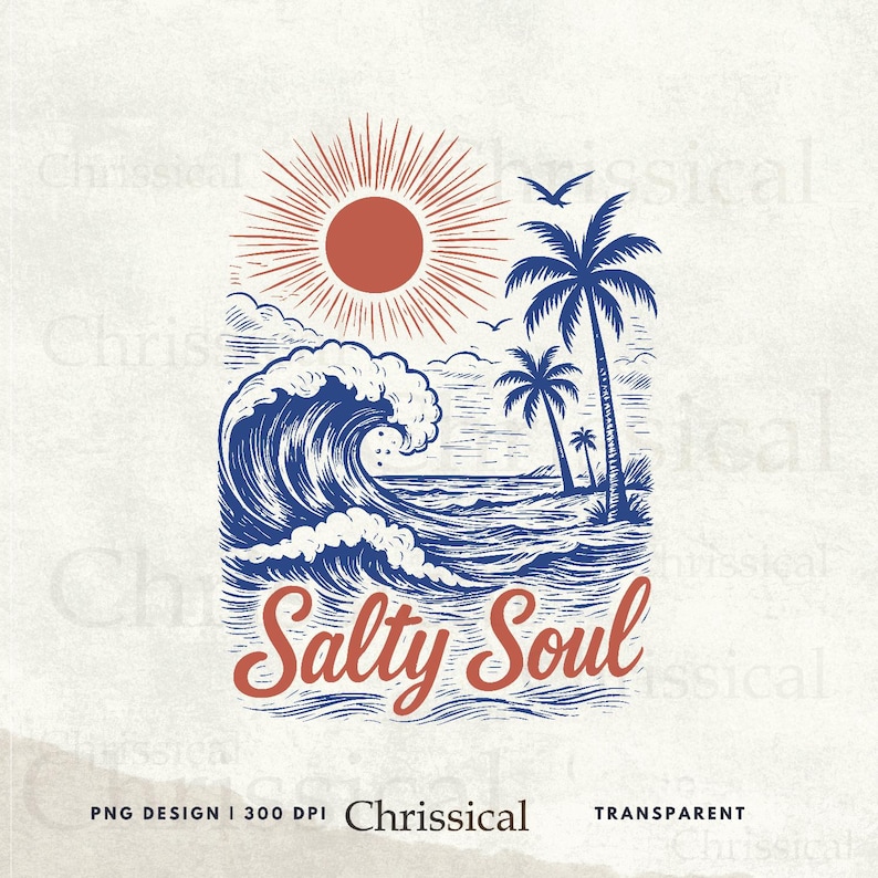 May include: A blue and red illustration of a wave crashing on a beach with palm trees and a sun. The text "Salty Soul" is written in red and blue.