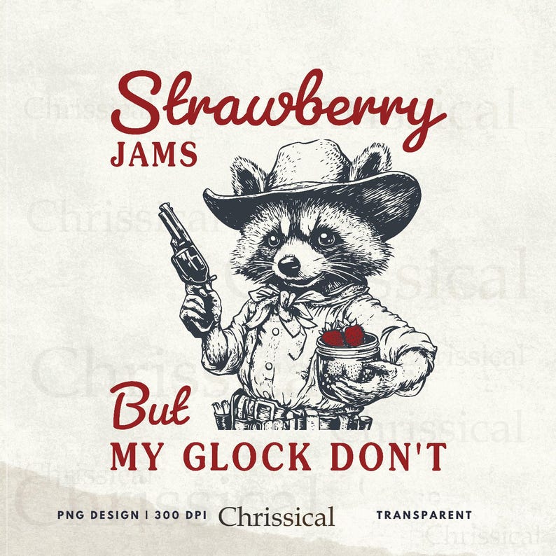 May include: A cartoon raccoon wearing a cowboy hat and holding a gun and a jar of strawberries. The text "Strawberry Jams But My Glock Don't" is written in red.