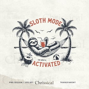 Op de afbeelding: Een zwart-witte illustratie van een luiaard die ontspant in een hangmat tussen twee palmbomen. De luiaard houdt een glas sap vast en de tekst "Sloth Mode Activated" staat onder de hangmat.