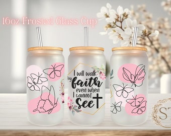 Walk By Faith Christian Libbey Glass Tumbler with Lid and Straw Walk By Faith Christian Libbey Glass Tumbler with Lid and Straw