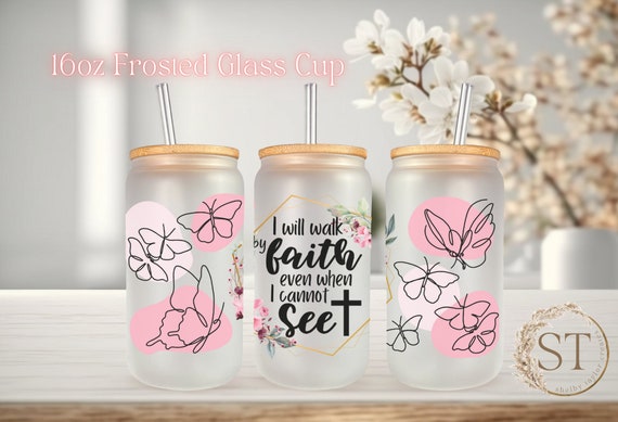 Walk By Faith Christian Libbey Glass Tumbler with Lid and Straw Walk By Faith Christian Libbey Glass Tumbler with Lid and Straw