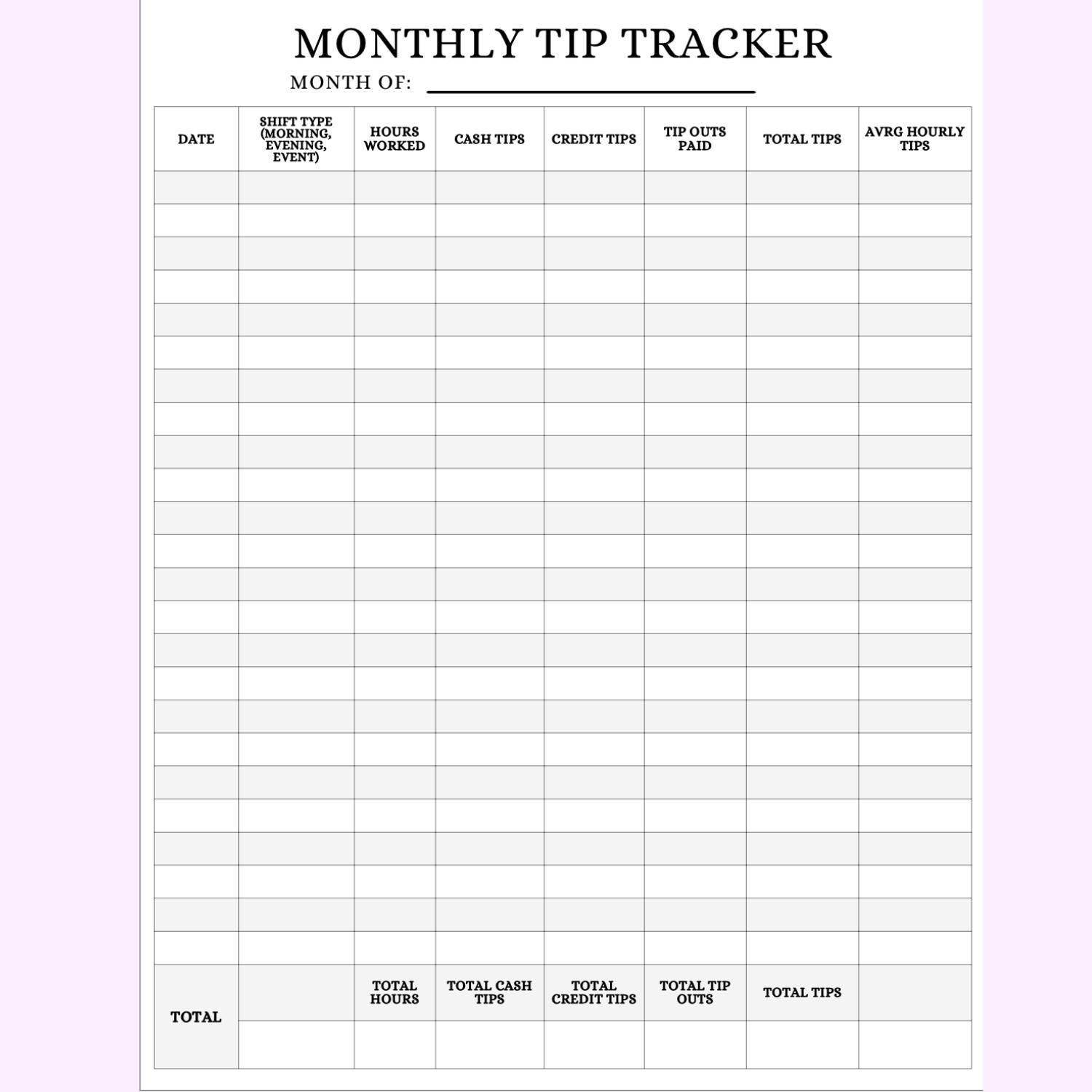 Table Tip Tracker Bartender Tip Tracker Printable PDF, Server Income Log Sheet, Shift ...