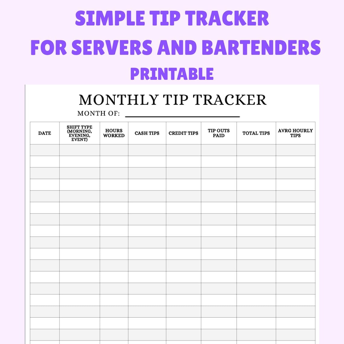 Bartender Tip Tracker Printable PDF, Server Income Log Sheet, Shift ...