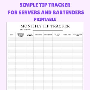 Pode incluir: Um rastreador de gorjetas mensal imprimível para garçons e barmen. O documento apresenta uma grade com colunas para data, tipo de turno, horas trabalhadas, gorjetas em dinheiro, gorjetas de crédito, gorjetas pagas, gorjetas totais e gorjetas horárias médias. O texto na parte superior diz "Simple Tip Tracker".