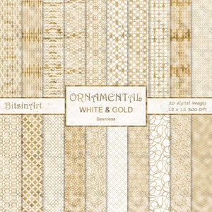 Ornamental White and Gold Seamless Patterns, Seamless Ornamental Digital Paper, Gold Foil Patterns, Scrapbook Paper,White & Gold Backgrounds