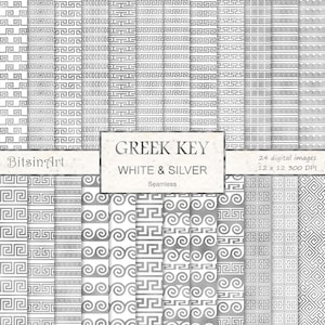 Greek Key White and Silver Seamless Patterns, Seamless Greek Digital Paper, Silver Foil Patterns,Scrapbook Paper, White & SIlver Backgrounds