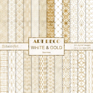 Art Deco White and Gold Seamless Patterns, Seamless Art Deco Digital Paper, Gold Foil Patterns, Scrapbook Paper, White and Gold Backgrounds