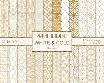 Art Deco White and Gold Seamless Patterns, Seamless Art Deco Digital Paper, Gold Foil Patterns, Scrapbook Paper, White and Gold Backgrounds