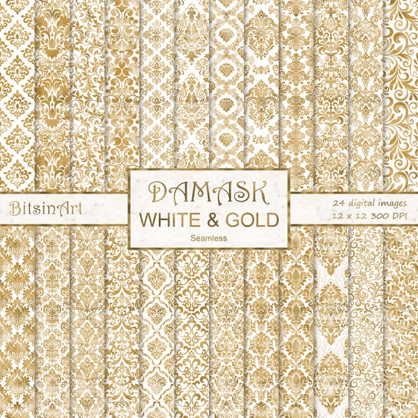 Damask White and Gold Seamless Patterns, Seamless Damask Digital Paper, Gold Foil Patterns, Scrapbook Paper, White and Gold Backgrounds