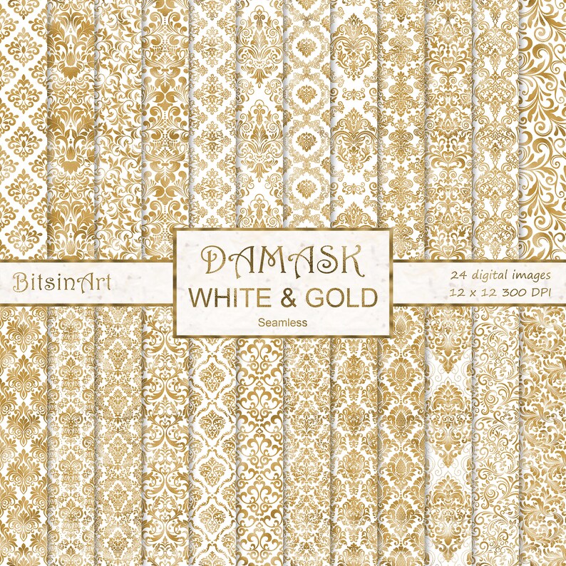 Damask White and Gold Seamless Patterns, Seamless Damask Digital Paper ...