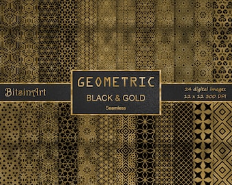 Geometric Black and Gold Seamless Patterns, Seamless Geometric Digital Paper, Gold Foil Patterns, Scrapbook Paper, Black & Gold Backgrounds