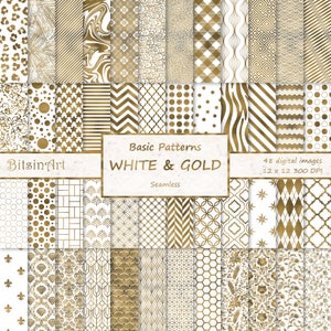 White and Gold Seamless Patterns, Seamless White and Gold Digital Paper, Gold Foil Patterns,Scrapbook Paper,White and Gold Backgrounds, Dark