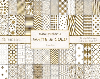 White and Gold Seamless Patterns, Seamless White and Gold Digital Paper, Gold Foil Patterns,Scrapbook Paper,White and Gold Backgrounds, Dark