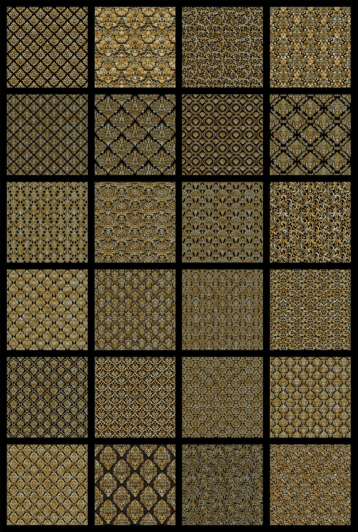 Damask Black and Gold Seamless Patterns, Seamless Damask Digital Paper ...
