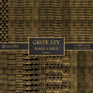 Modelli senza cuciture nero e oro con chiave greca, carta digitale con chiave greca senza soluzione di continuità, modelli di lamina d'oro, carta per album, sfondi neri e dorati