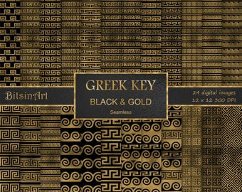 Greek Key Black and Gold Seamless Patterns, Seamless Greek Key Digital Paper, Gold Foil Patterns, Scrapbook Paper, Black & Gold Backgrounds