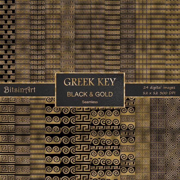 Greek Key Black and Gold Seamless Patterns, Seamless Greek Key Digital Paper, Gold Foil Patterns, Scrapbook Paper, Black & Gold Backgrounds