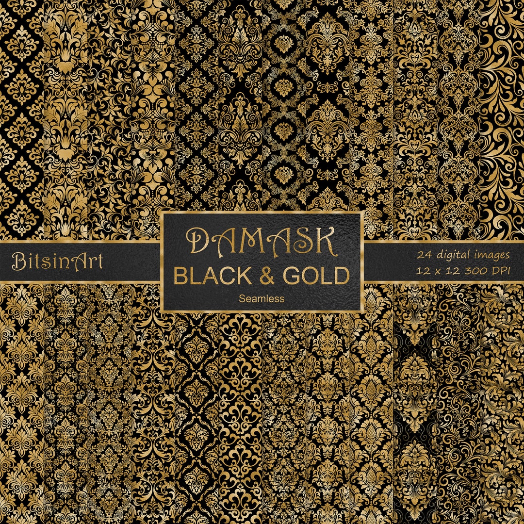 Damask Black and Gold Seamless Patterns, Seamless Damask Digital Paper ...