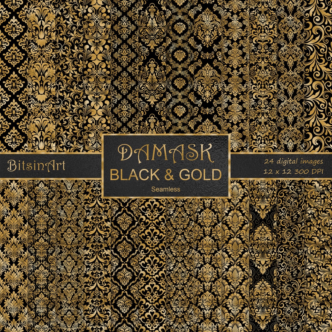 Damask Black and Gold Seamless Patterns, Seamless Damask Digital Paper ...