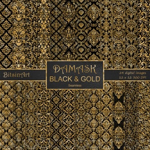 Damask Black and Gold Seamless Patterns, Seamless Damask Digital Paper, Gold Foil Patterns, Scrapbook Paper, Black and Gold Backgrounds