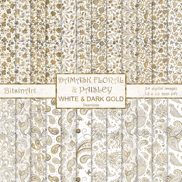 Floral Damask & Paisley blanc et or motifs sans couture, papier numérique Paisley sans couture, motifs floraux damassés, papier Scrapbook, foncé