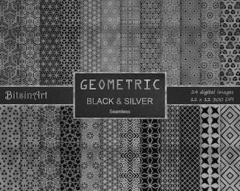 Geometrisches Schwarz und Silber Nahtlose Muster, Nahtloses Geometrisches Digitales Papier, Silber Folie, Scrapbook Papier, Schwarz und Silber Hintergründe