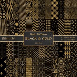 Può includere: Una collezione di 48 immagini digitali con motivi senza cuciture neri e oro. I motivi includono vari disegni come stampe animalier, strisce e forme geometriche. L'immagine include anche il testo "Basic Patterns BLACK & GOLD" e "BitsinArt".