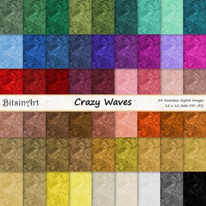 May include: 54 digital seamless patterns with a wavy, marbled texture in various colors. The patterns are 12 inches by 12 inches and 300 DPI. The title "Crazy Waves" is displayed at the top of the image.