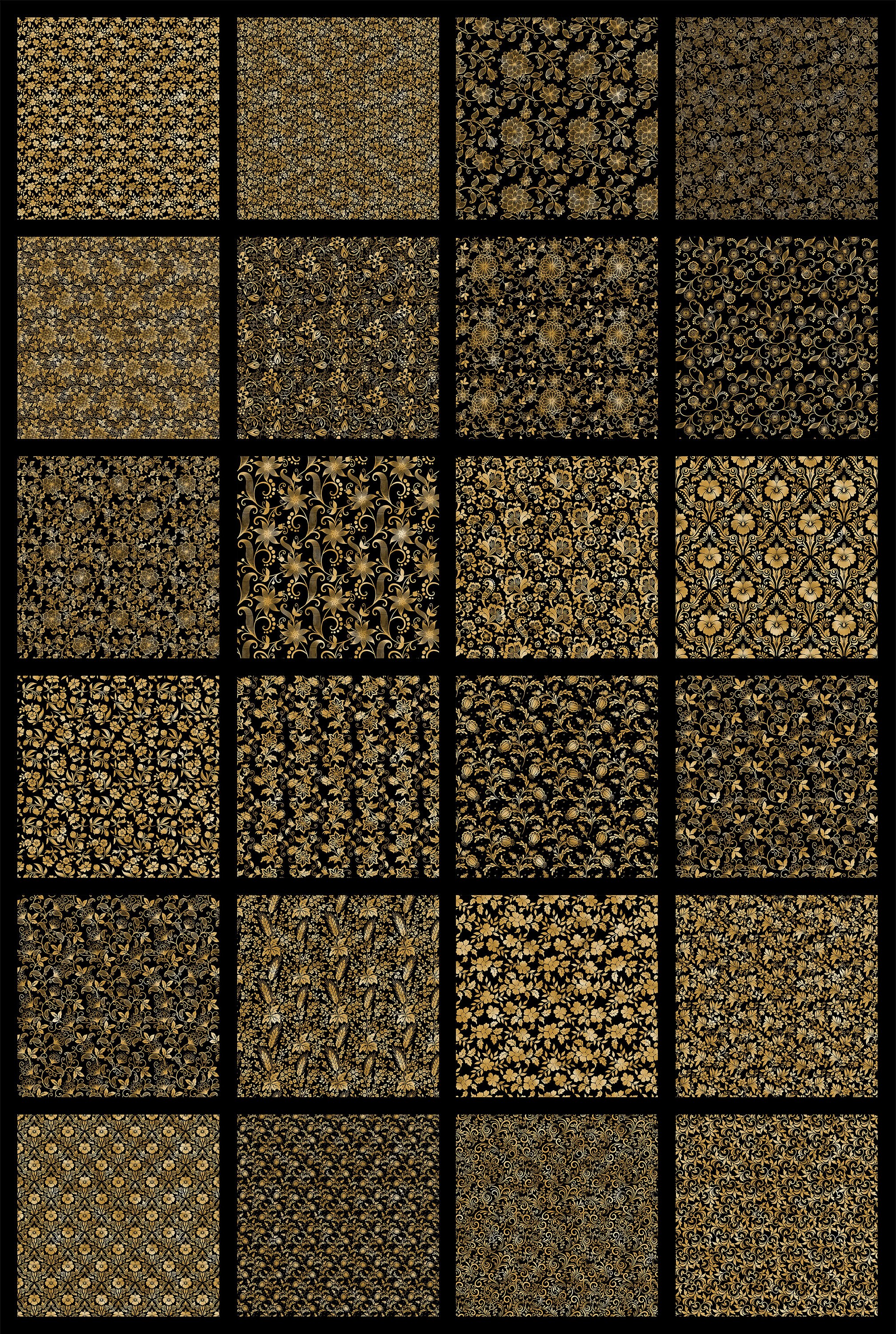 Floral Black and Gold Seamless Patterns, Seamless Floral Digital Paper ...