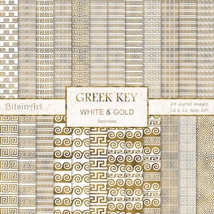 Greek Key White and Gold Seamless Patterns, Seamless Greek Key Digital Paper, Gold Foil Patterns, Scrapbook Paper, White & Gold Backgrounds