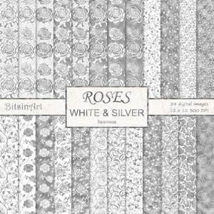 May include: A set of 24 digital paper designs featuring white and silver roses. The papers are seamless and measure 12 inches by 12 inches at 300 DPI. The text "ROSES WHITE & SILVER Seamless" is included in the image.