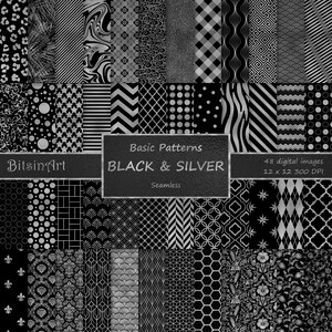 May include: A set of 48 digital seamless patterns in black and silver. The patterns are geometric, abstract, and floral. The patterns are 30.48 cm by 30.48 cm and 300 DPI.