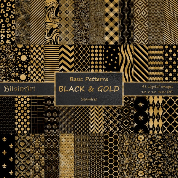 Motifs sans couture noir et or, papier numérique noir et or sans soudure, motifs de feuille d'or, papier scrapbooking, arrière-plans noir et or