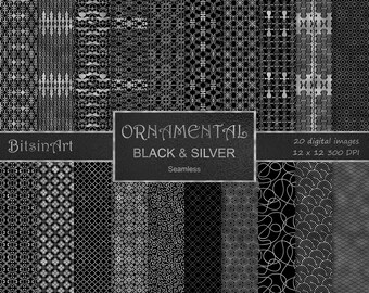Ornamental Black and Silver Seamless Patterns, Seamless Ornamental Digital Paper, Silver Foil, Scrapbook Paper, Black and Silver Backgrounds