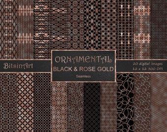 Ornamental Black and Rose Gold Seamless Patterns, Seamless Ornamental Digital Paper, Scrapbook Paper, Black & Rose Gold Backgrounds