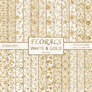 Florale weiße und goldene nahtlose Muster, nahtloses digitales Papier mit Blumen, Goldfolienblumen, Scrapbook-Papier, weißer und goldener Hintergrund