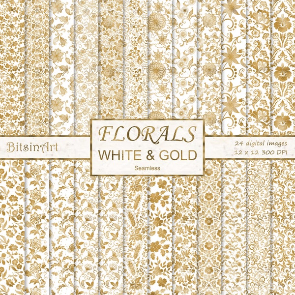 Floral White and Gold Seamless Patterns, Seamless Floral Digital Paper, Gold Foil Flowers, Scrapbook Paper, White and Gold Backgrounds