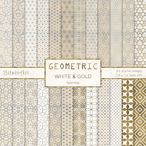 Geometryczne białe i złote bezszwowe wzory, bezszwowy geometryczny papier cyfrowy, wzory złotej folii, papier do scrapbookingu, białe i złote tła