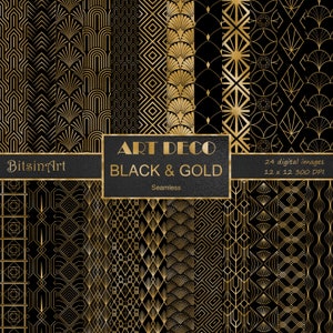 Art Deco Black and Gold Seamless Patterns, Seamless Art Deco Digital Paper, Gold Foil Patterns, Scrapbook Paper, Black and Gold Backgrounds