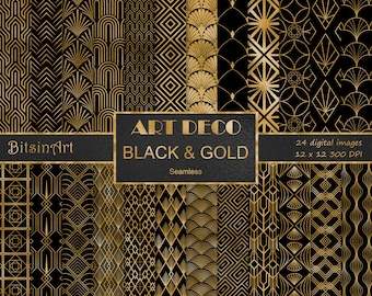 Art Deco Black and Gold Seamless Patterns, Seamless Art Deco Digital Paper, Gold Foil Patterns, Scrapbook Paper, Black and Gold Backgrounds