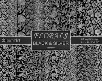 Floral Black and Silver Seamless Patterns, Seamless Floral Digital Paper, Silver Foil Flowers, Scrapbook Paper, Black and Silver Backgrounds
