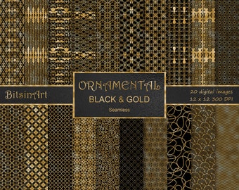 Ornamental Black and Gold Seamless Patterns, Seamless Ornamental Digital Paper, Gold Foil Patterns, Scrapbook Paper,Black & Gold Backgrounds