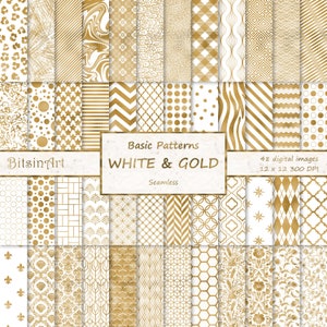 White and Gold Seamless Patterns, Seamless White and Gold Digital Paper, Gold Foil Patterns, Scrapbook Paper, White and Gold Backgrounds