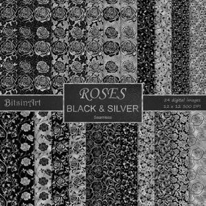May include: A digital paper pack with 24 seamless patterns featuring black and silver roses. The pack includes 12x12 inch images at 300 DPI.