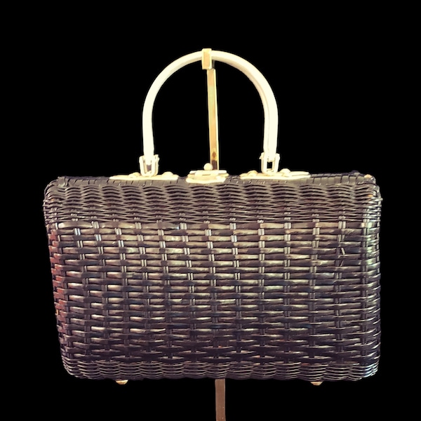 1960s Black Wicker Purse with Gold Hardware - Groovy Interior