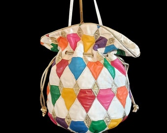 80's Colorful Patchwork Drawstring Leather Purse