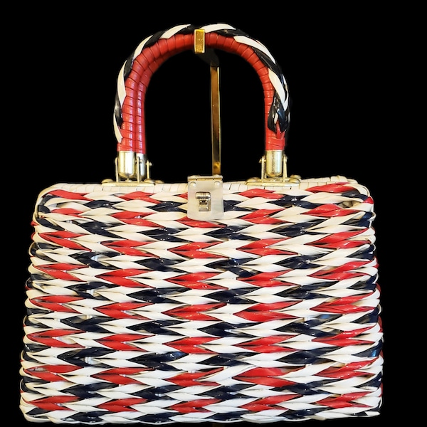 1960s Red, White and Navy Wicker Purse - Vivid Top Handle Bag