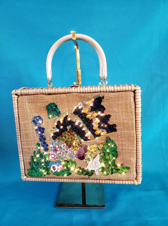 MidCentury Sequin and Straw Fancy Fish Purse - by 