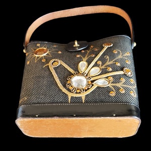 Enid Collins of Texas 1968 Fine Feathers Black & Gold Mini Tote zdjęcie 4